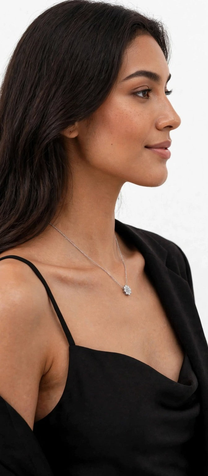 Side view of woman wearing Sunflower CZ necklace