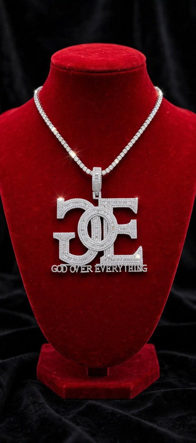 Silver color GOE pendant styled with a tennis chain