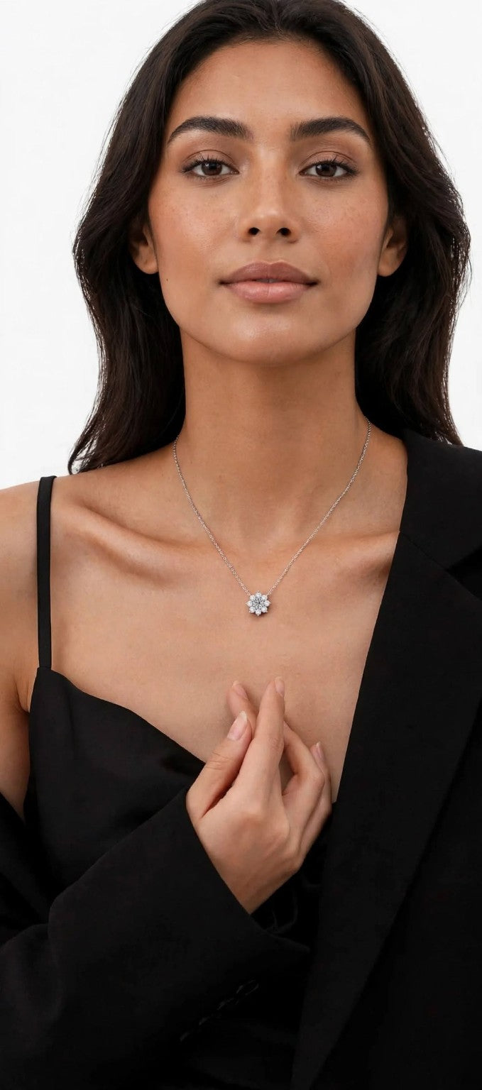 Front view of woman wearing Sunflower CZ necklace