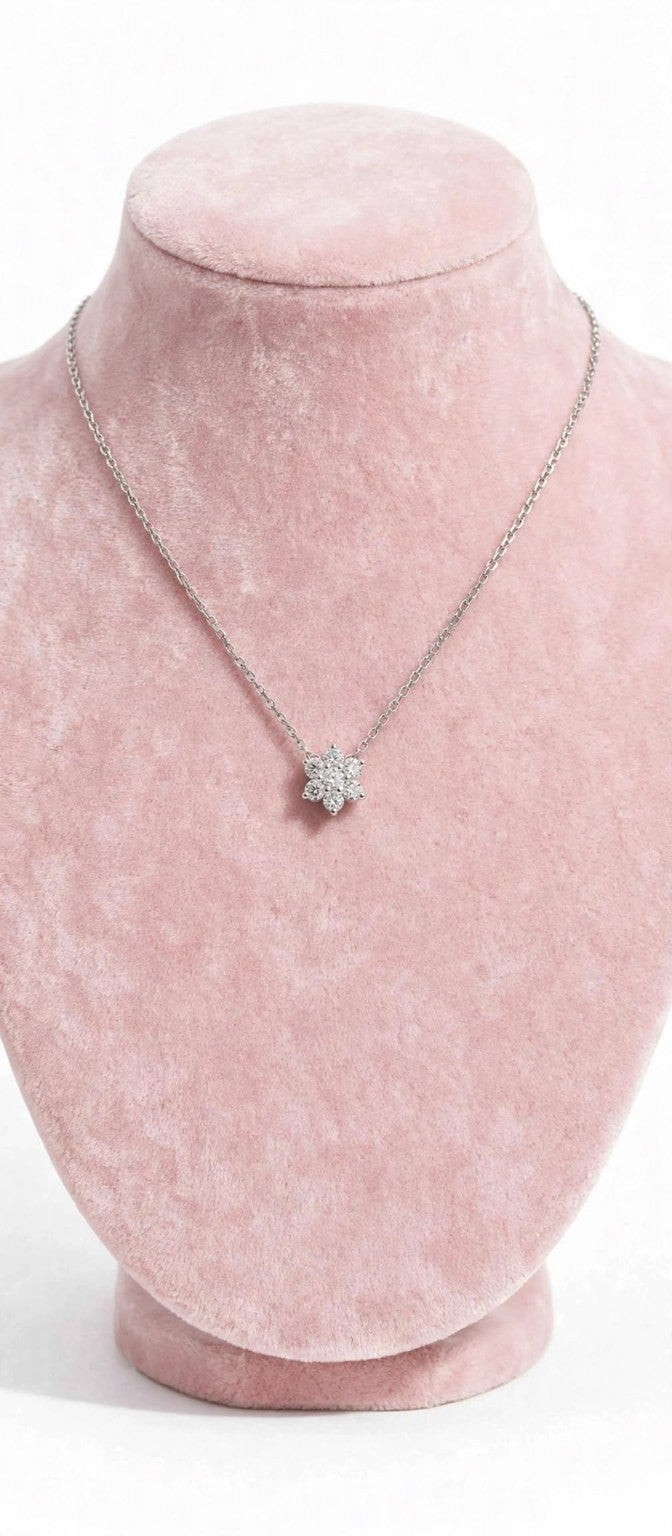 Sunflower CZ necklace on pink display