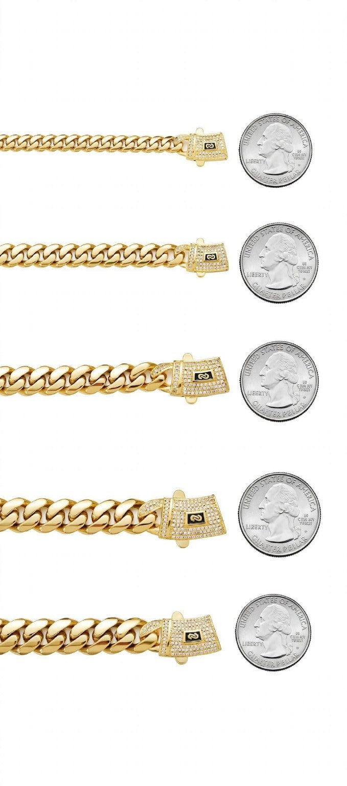Five Cuban link widths compared with quarter coins