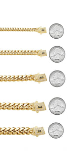 Five Cuban link widths compared with quarter coins