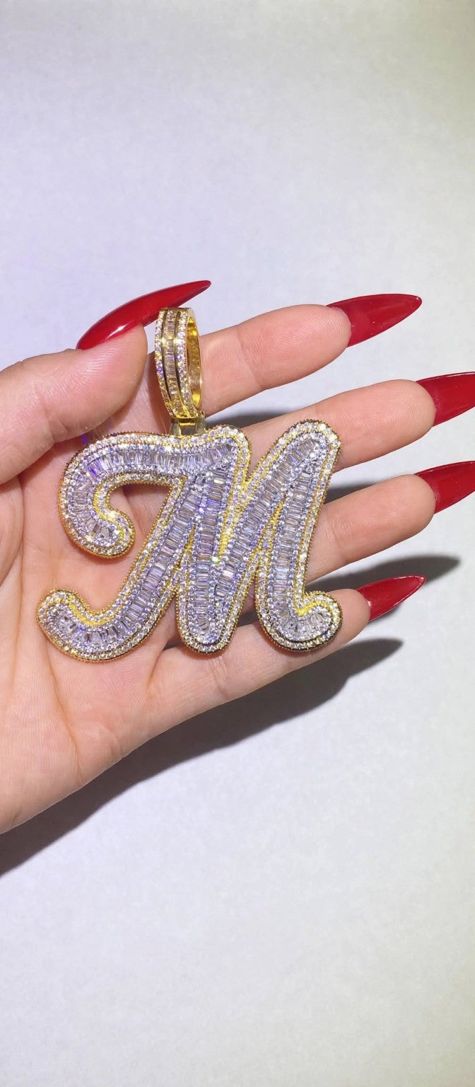 Iced M initial pendant closeup