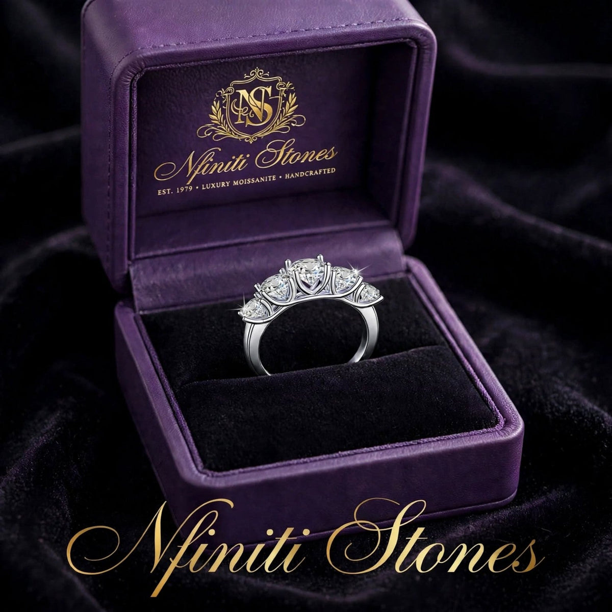 Nfiniti Five-Stone Moissanite Band presented in a gift box