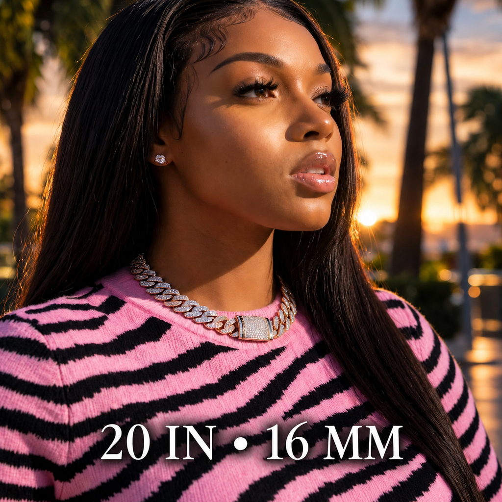 Model wearing The Alliance 20-inch 16mm mixed-metal Cuban necklace