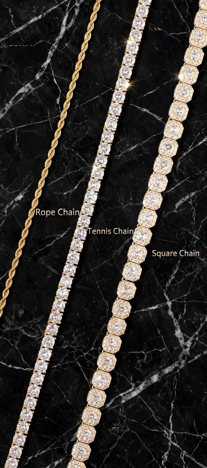 Rope, tennis and square chain styles pictured as a reference