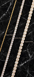 Rope, tennis and square chain styles pictured as a reference