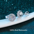 Round moissanite halo stud earrings — detail view