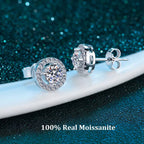 Round moissanite halo stud earrings — detail view