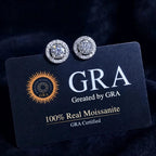 Round moissanite halo stud earrings — pair with supplier card