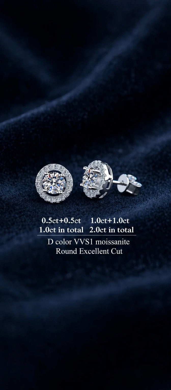 Round moissanite halo stud earrings — size specifications