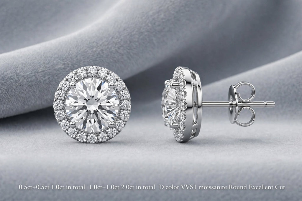 Round moissanite halo stud earrings — front and side view