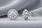 Round moissanite halo stud earrings — front and side view