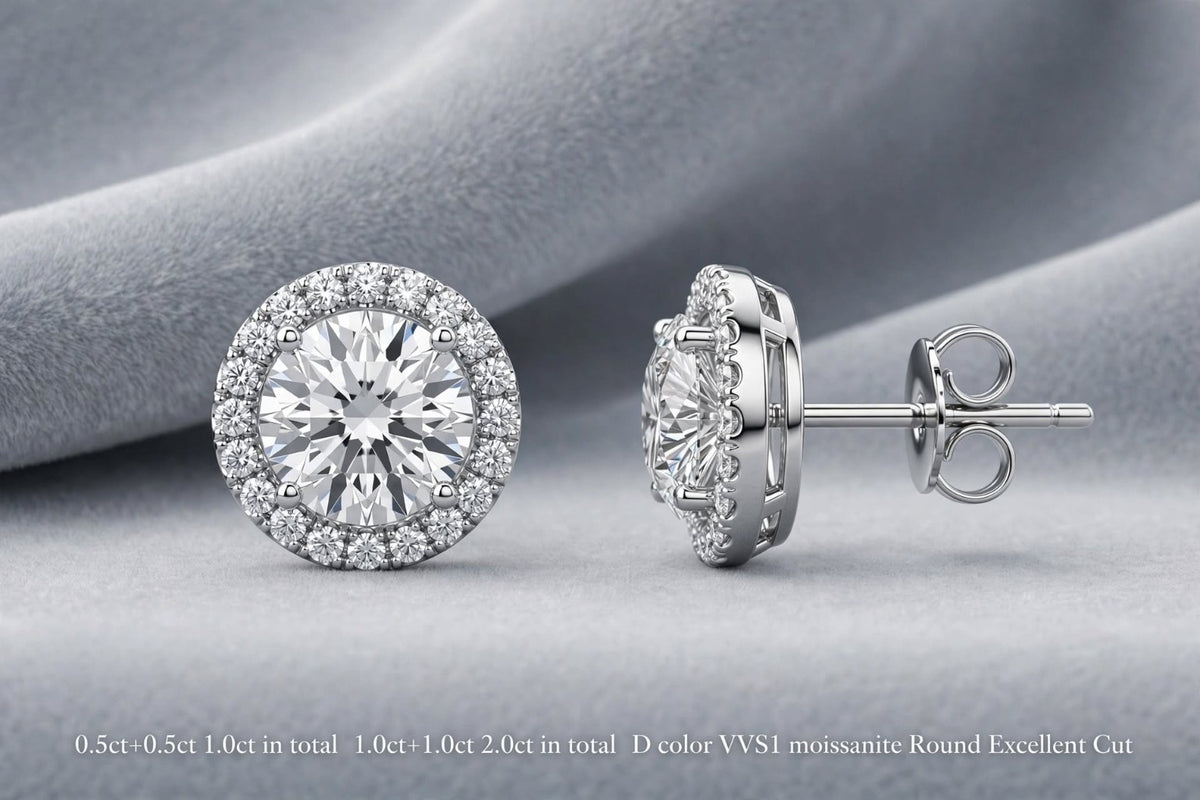 Round moissanite halo stud earrings — front and side view