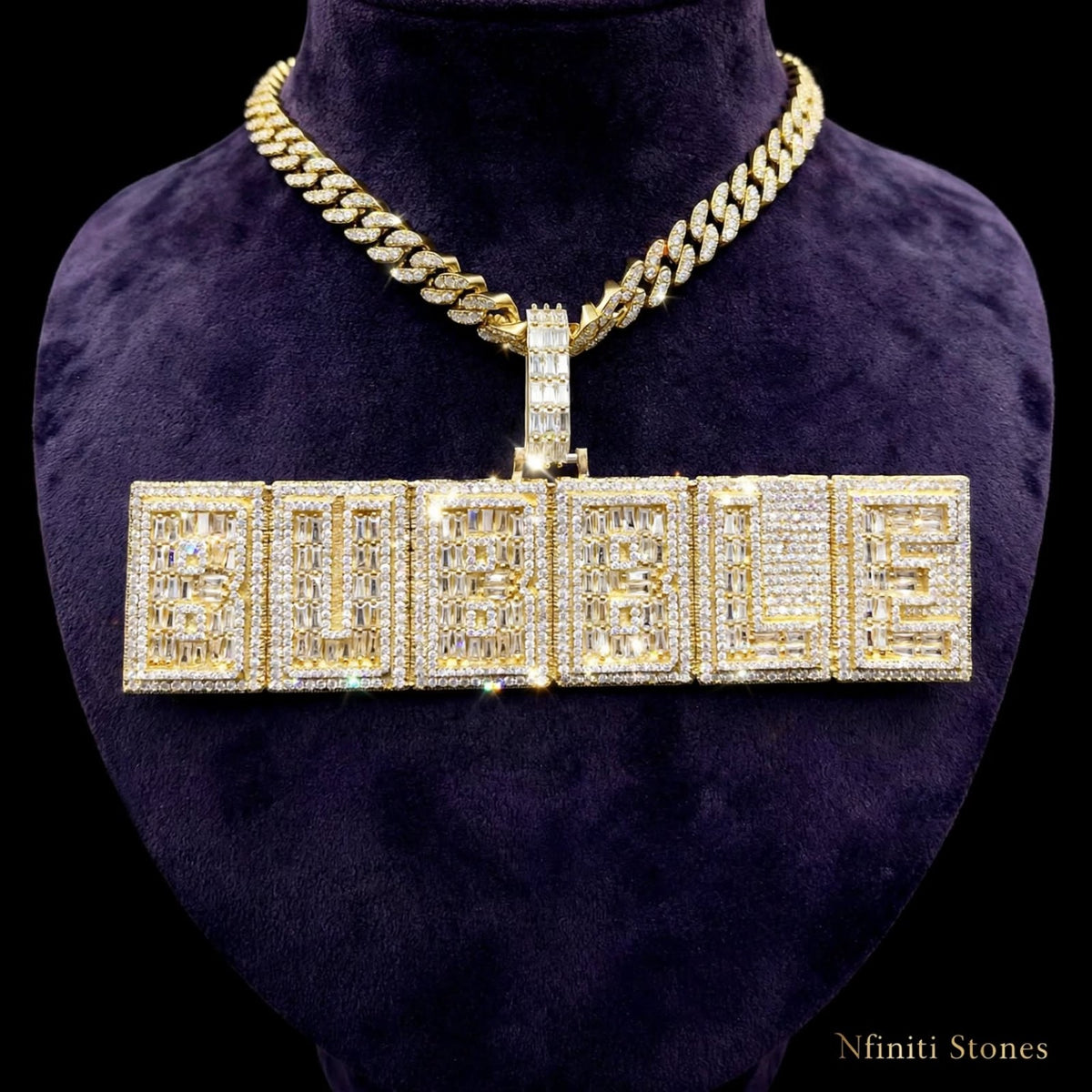 The Command Bar horizontal custom letter pendant in gold; chain shown for styling
