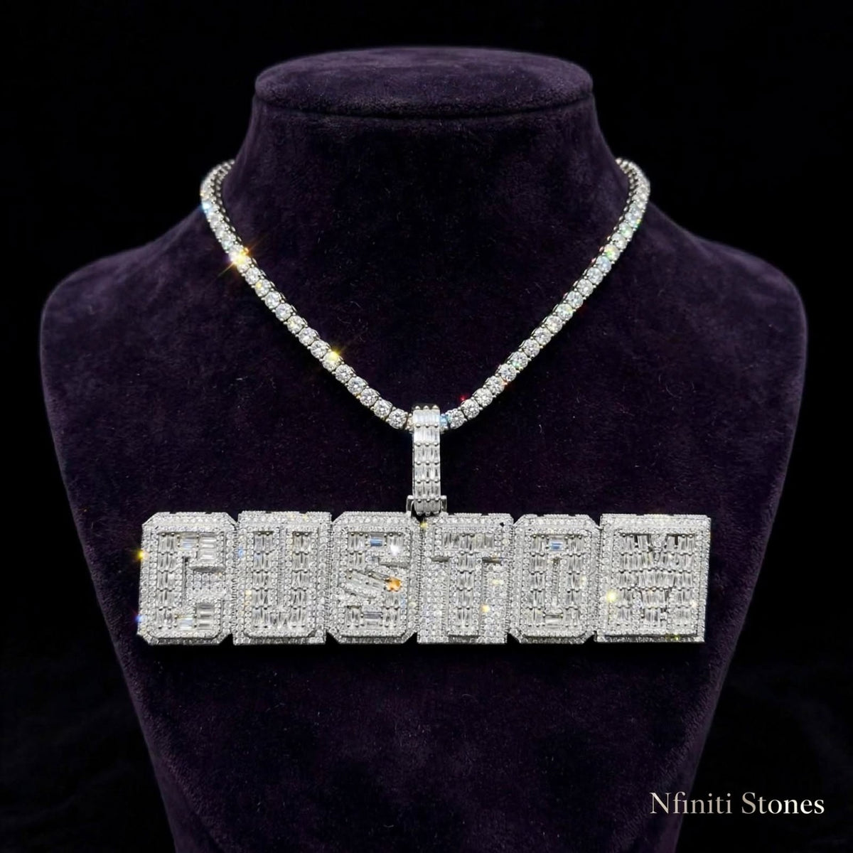 The Command Bar horizontal custom letter pendant in silver; chain shown for styling