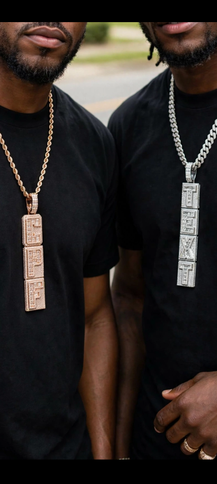 The Command Stack custom vertical letter pendant; Cuban chain shown for styling