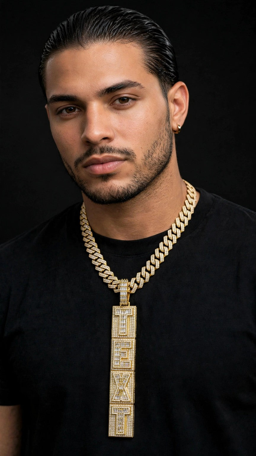 The Command Stack custom vertical letter pendant; Cuban chain shown for styling