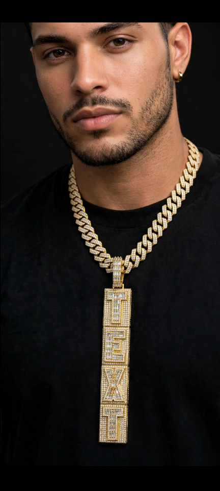 The Command Stack custom vertical letter pendant; Cuban chain shown for styling