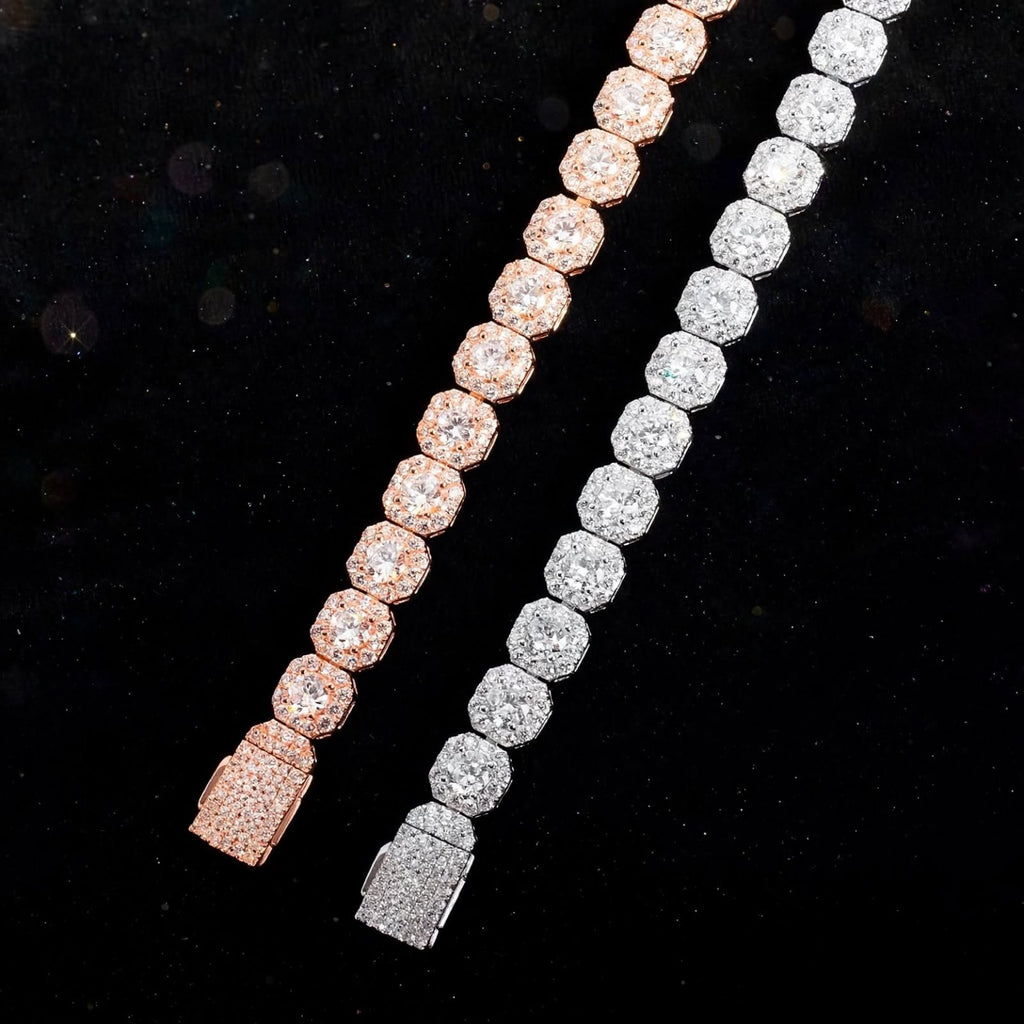 Rose gold and silver cluster tennis bracelets on black background
