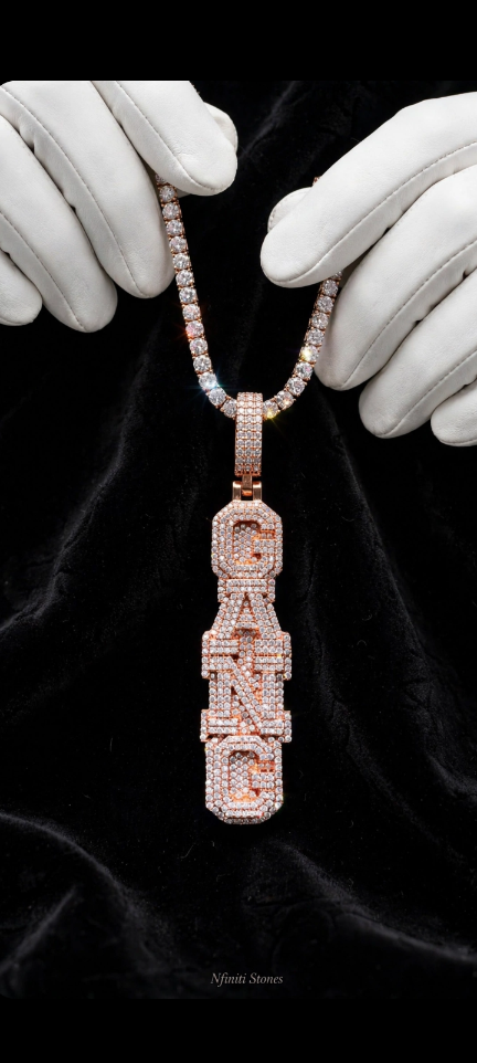 The Crown Script custom vertical bubble-letter pendant rose gold pendant on black backdrop