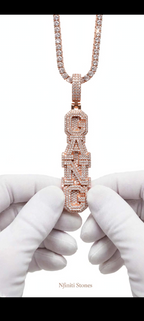 The Crown Script custom vertical bubble-letter pendant rose gold pendant close-up