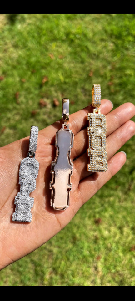 The Crown Script custom vertical bubble-letter pendant front and back views