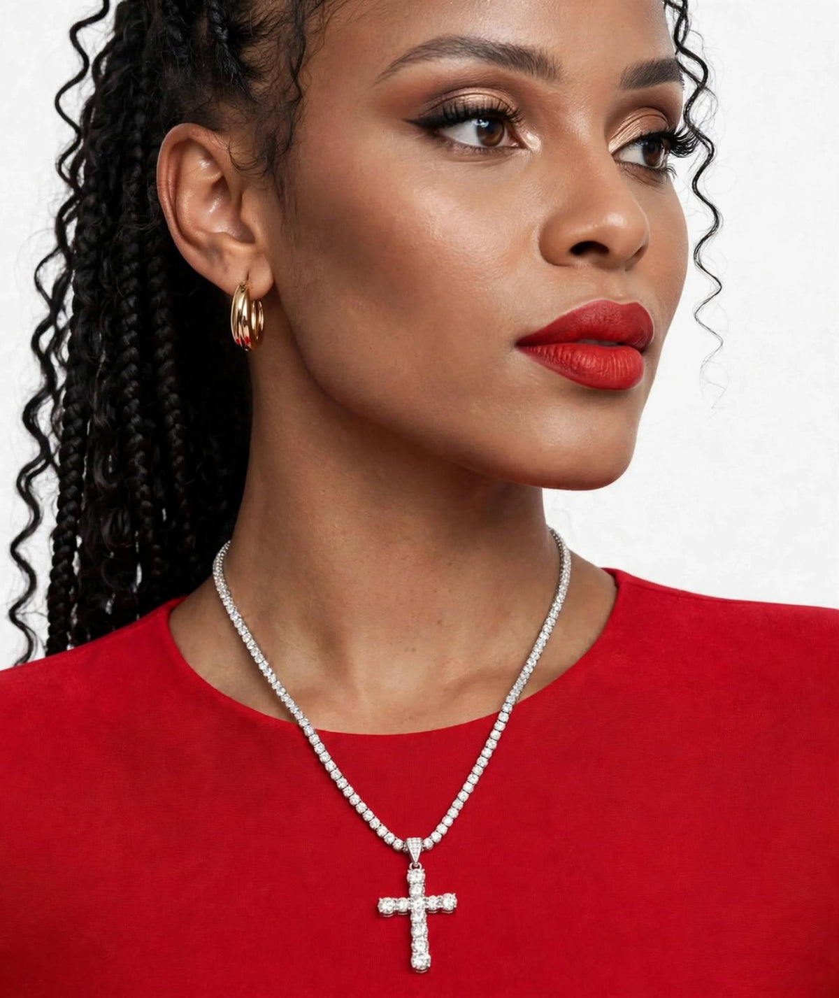Silver tennis necklace with complimentary cluster cross pendant on model