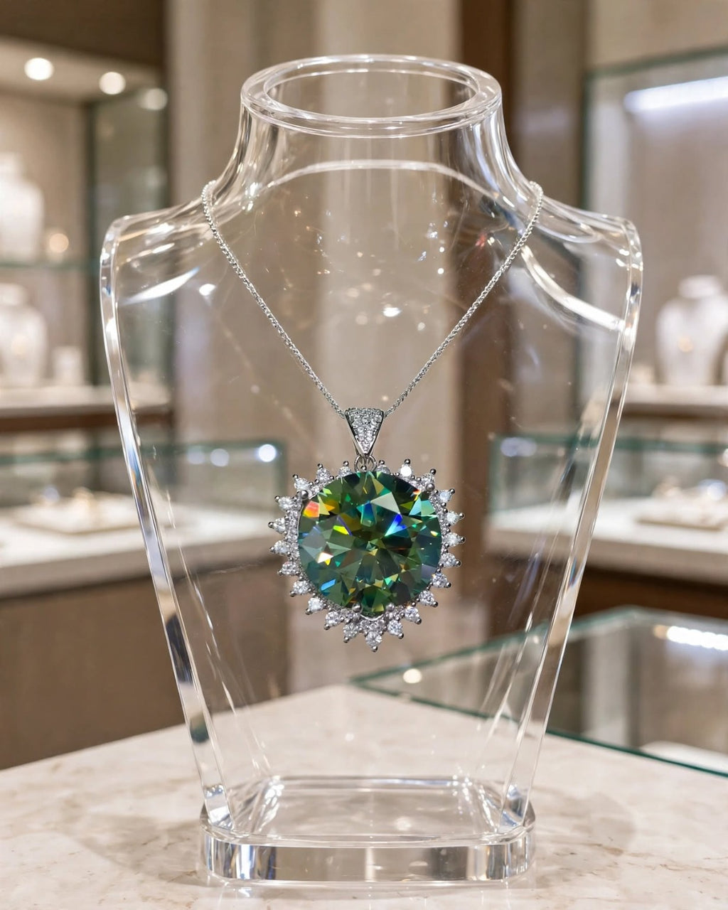 Green pendant on clear display stand