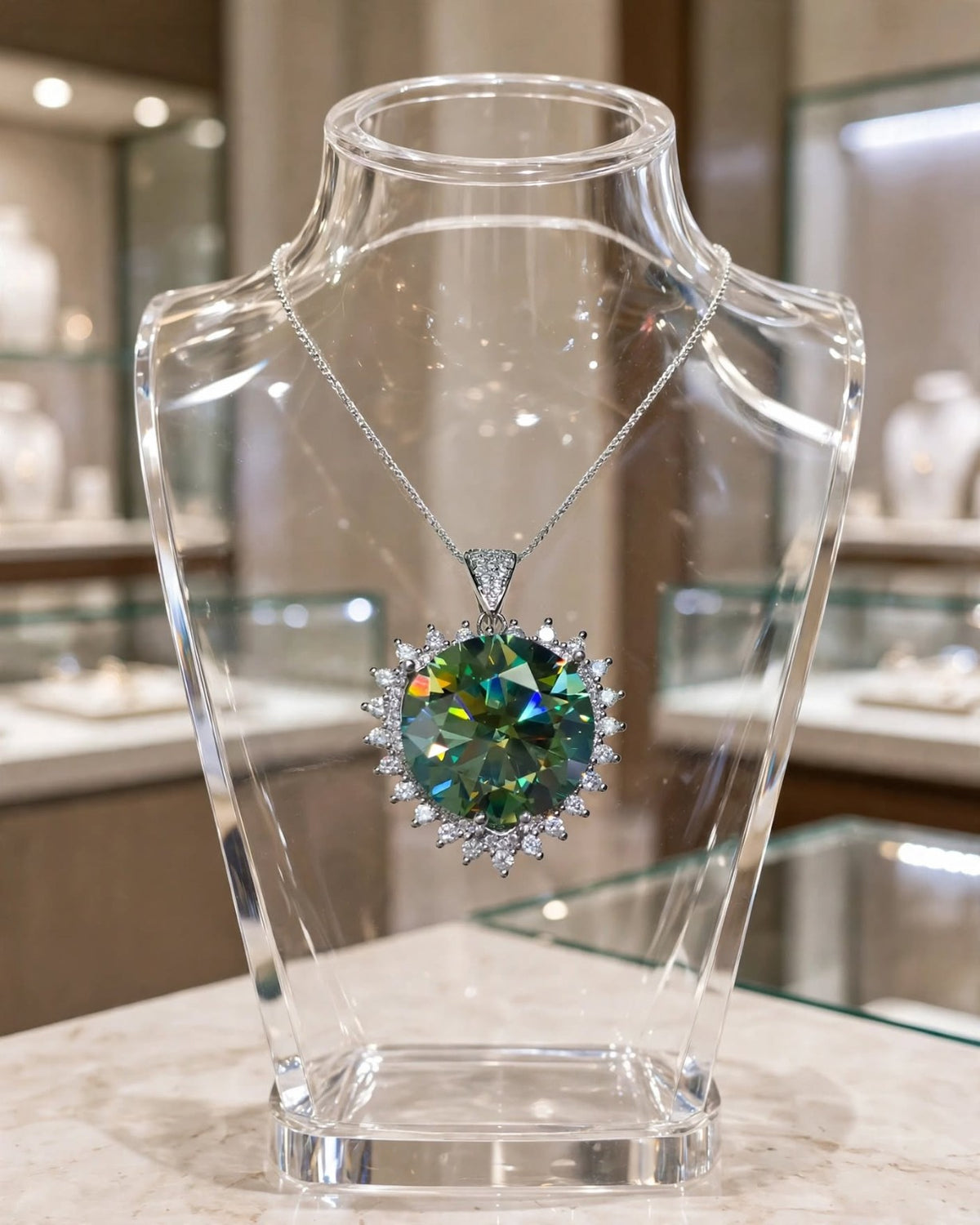 Green pendant on clear display stand
