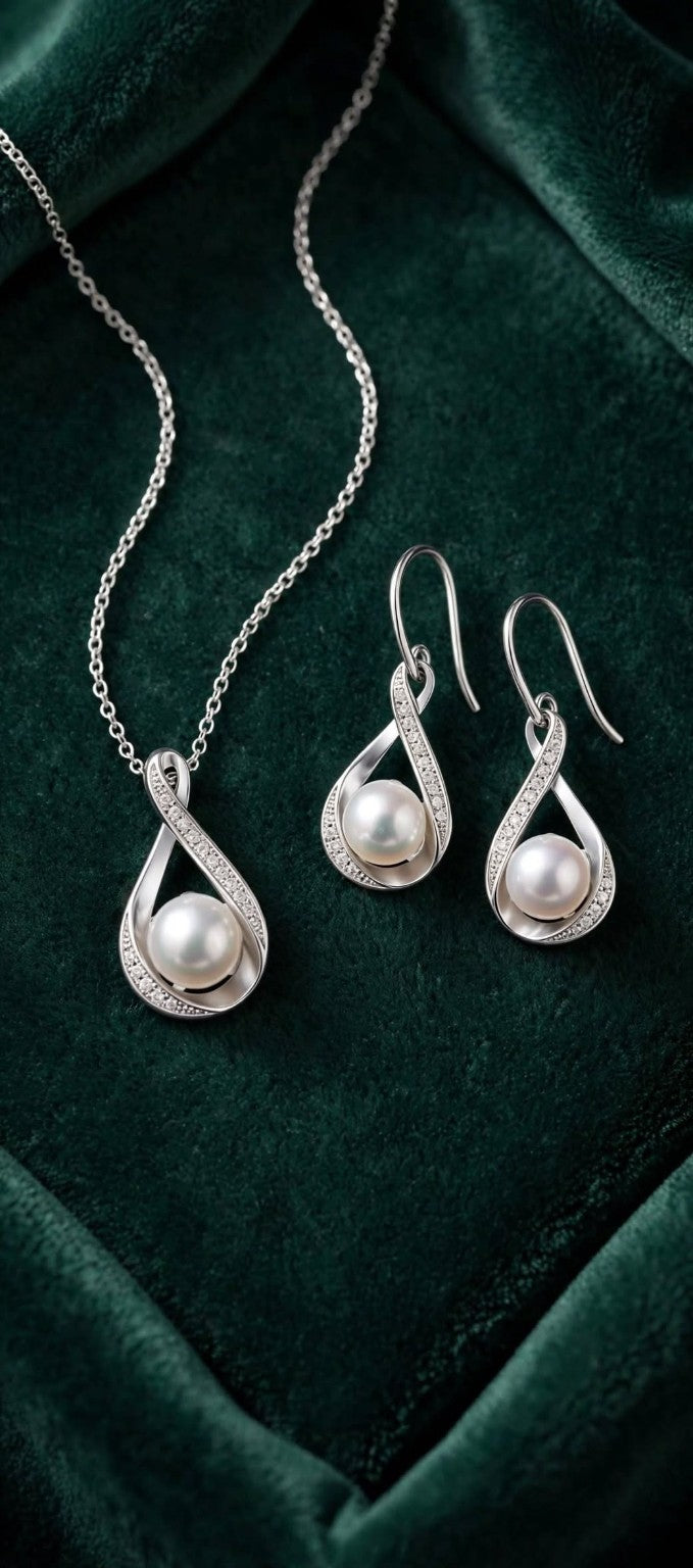 The Eternal Pearl complete silver-colored necklace and earrings set