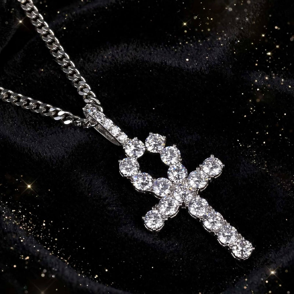 Silver iced ankh pendant with Cuban chain