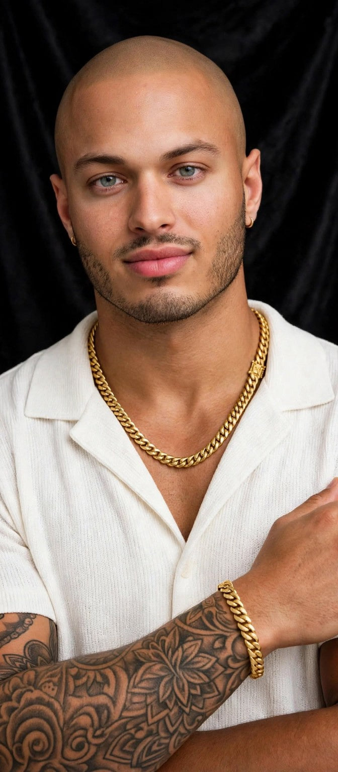 Male model wearing The Golden Rule necklace; bracelet not included