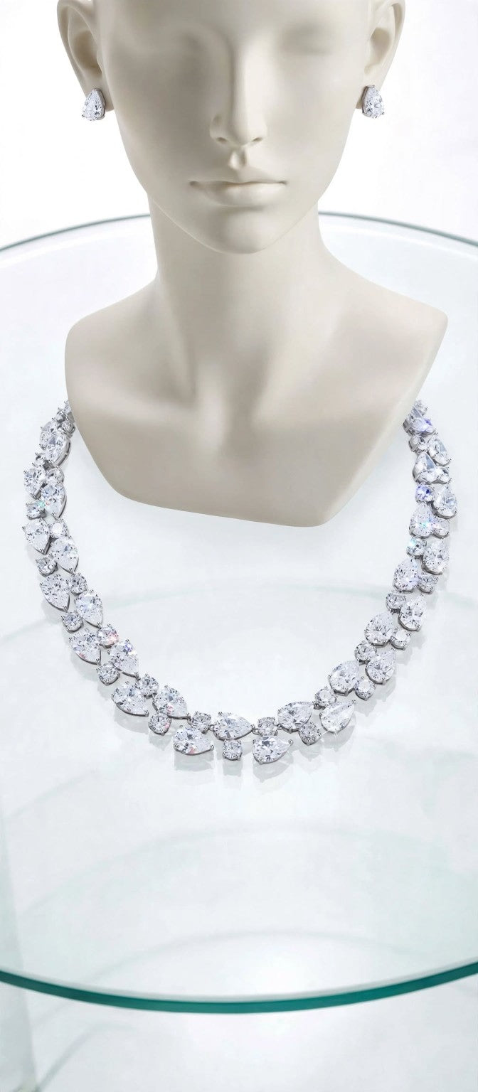 The Grand Affair white necklace and matching earrings mannequin display