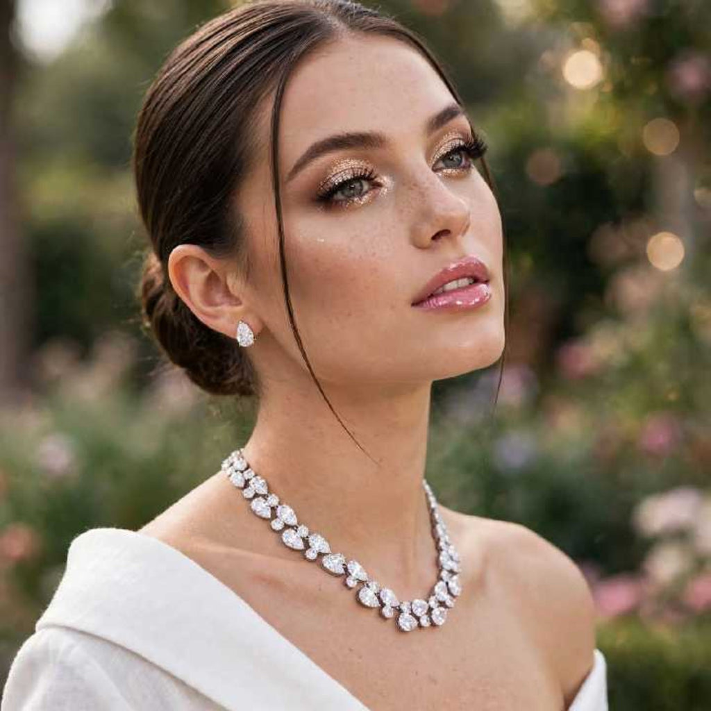 Model wearing The Grand Affair white cubic zirconia necklace and matching pear-shaped earrings