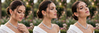 Three views of model wearing The Grand Affair necklace and matching earrings
