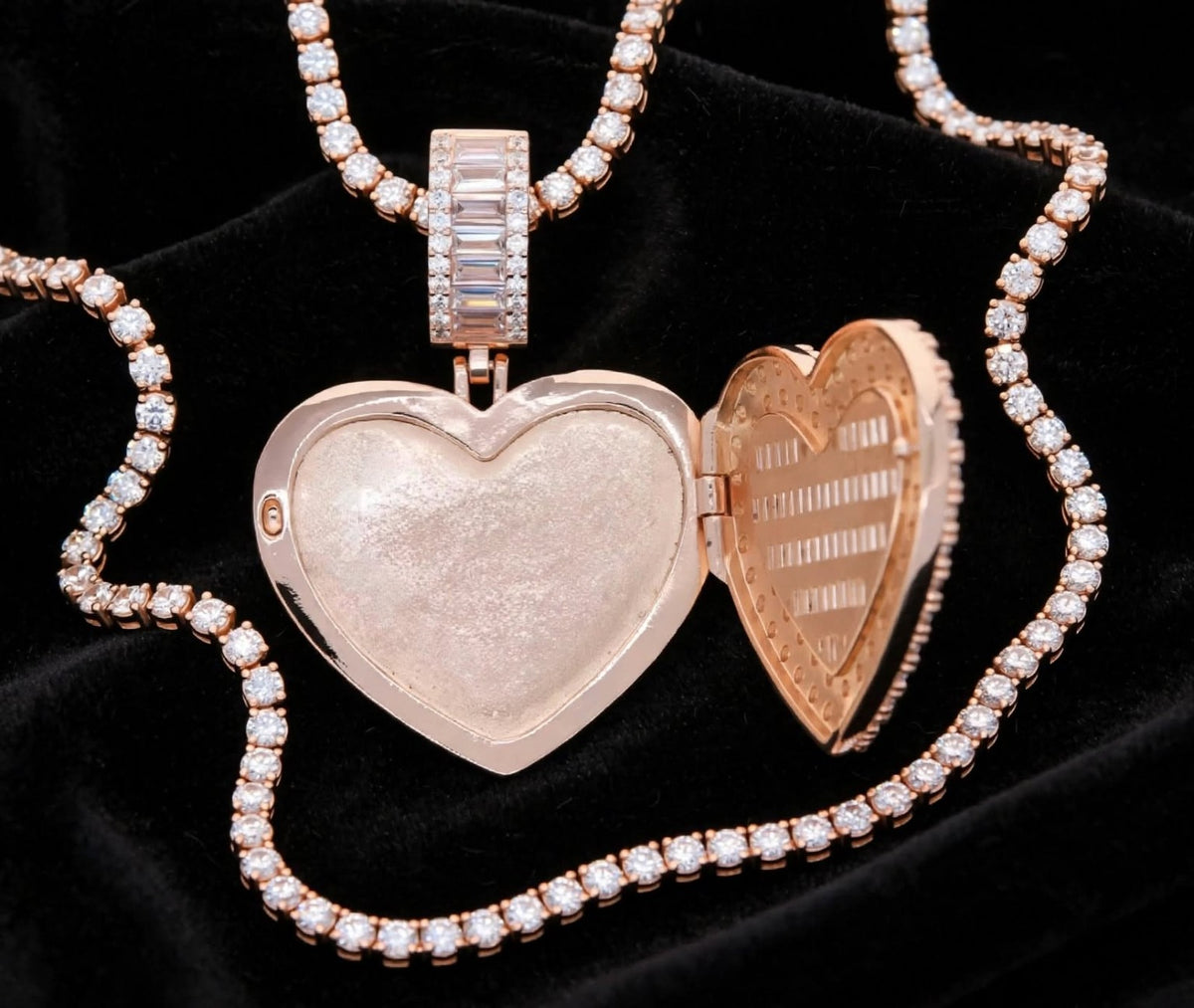 The Heart Keeper rose-gold-tone locket open on black velvet