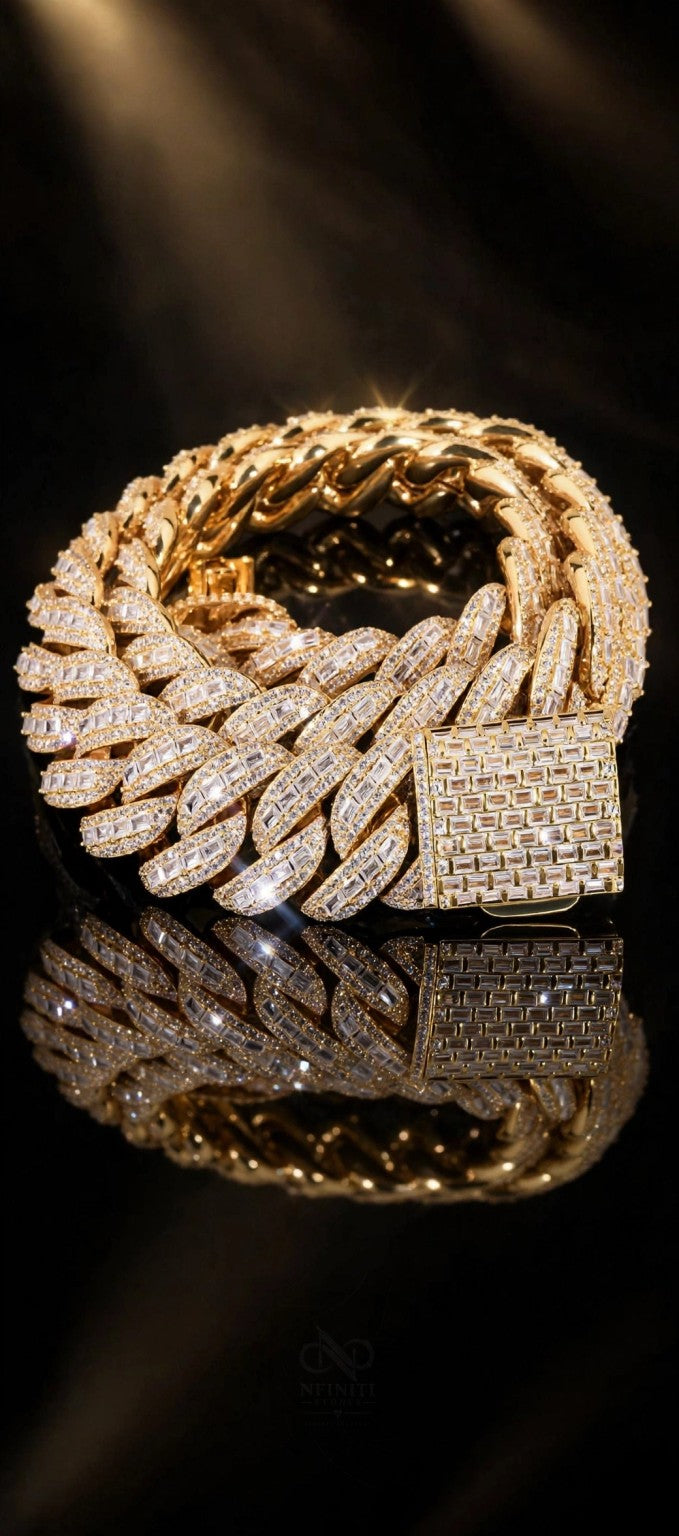 The Ice Emperor 20MM gold-color Miami Cuban with baguette clasp on a reflective black surface