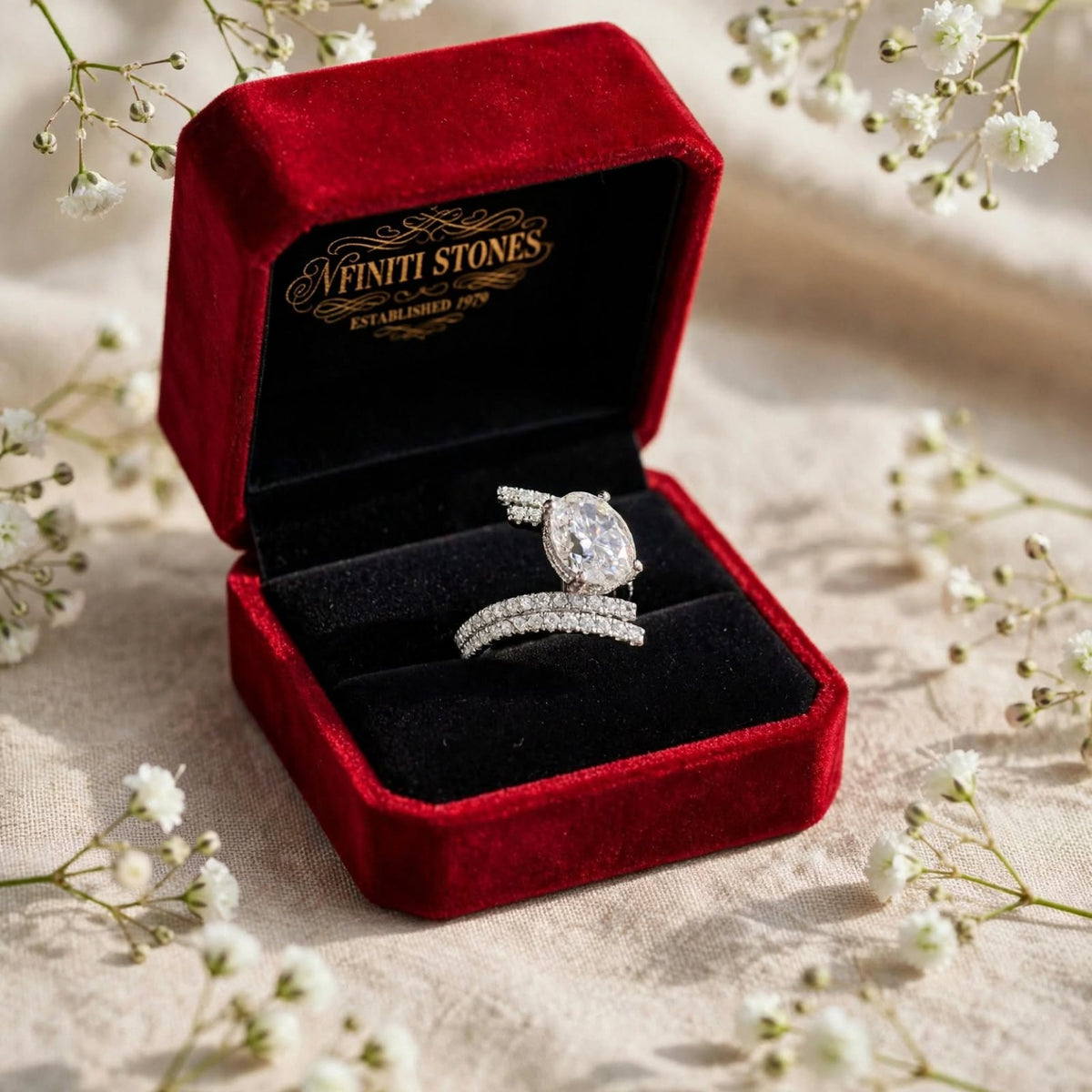 8CT oval ring in open Nfiniti Stones red velvet box