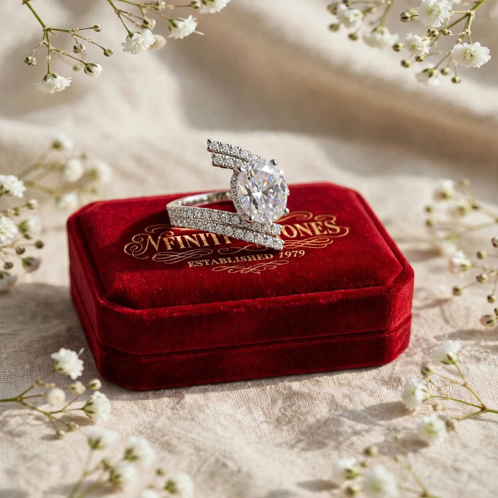 Oval moissanite ring displayed on red jewelry box