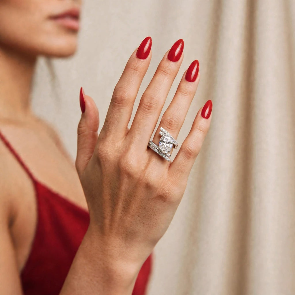Second model view of oval moissanite ring