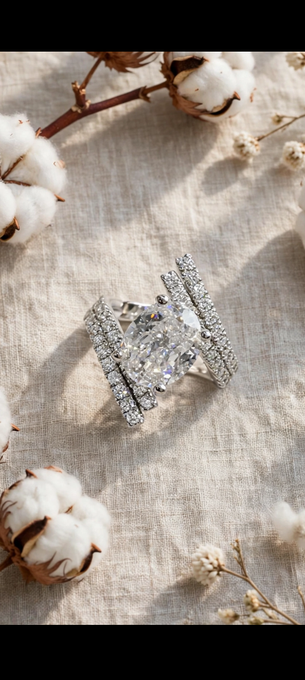 Close-up oval moissanite ring on linen