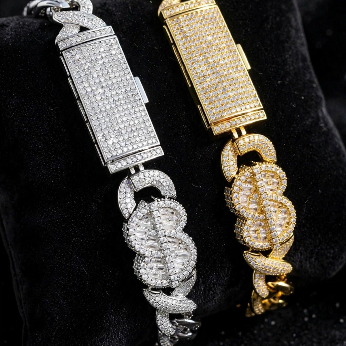 Silver and gold bracelet clasp and baguette stone detail