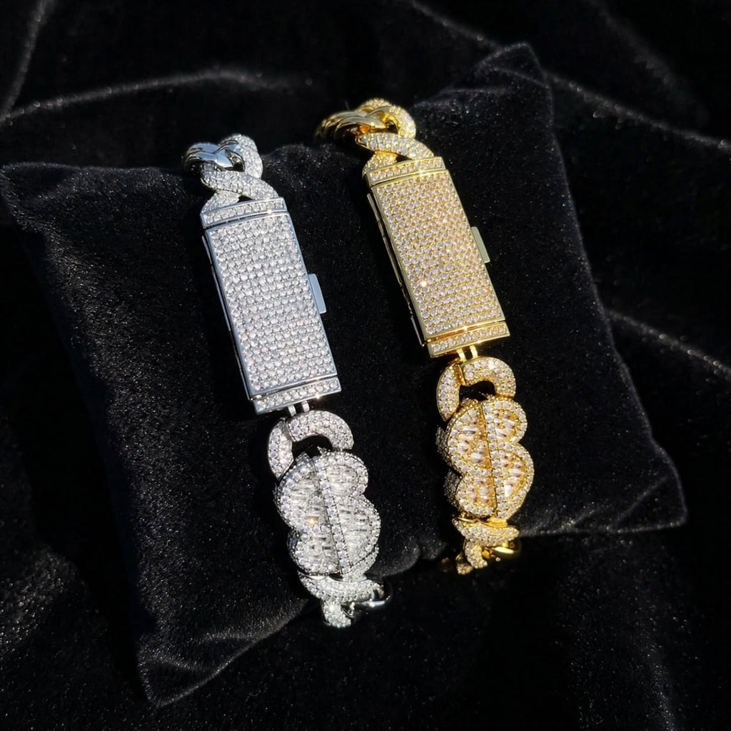 Gold and silver bracelets showing stone-set box clasps