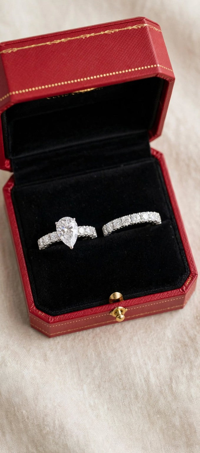The Infinity Promise moissanite bridal set in a ring box