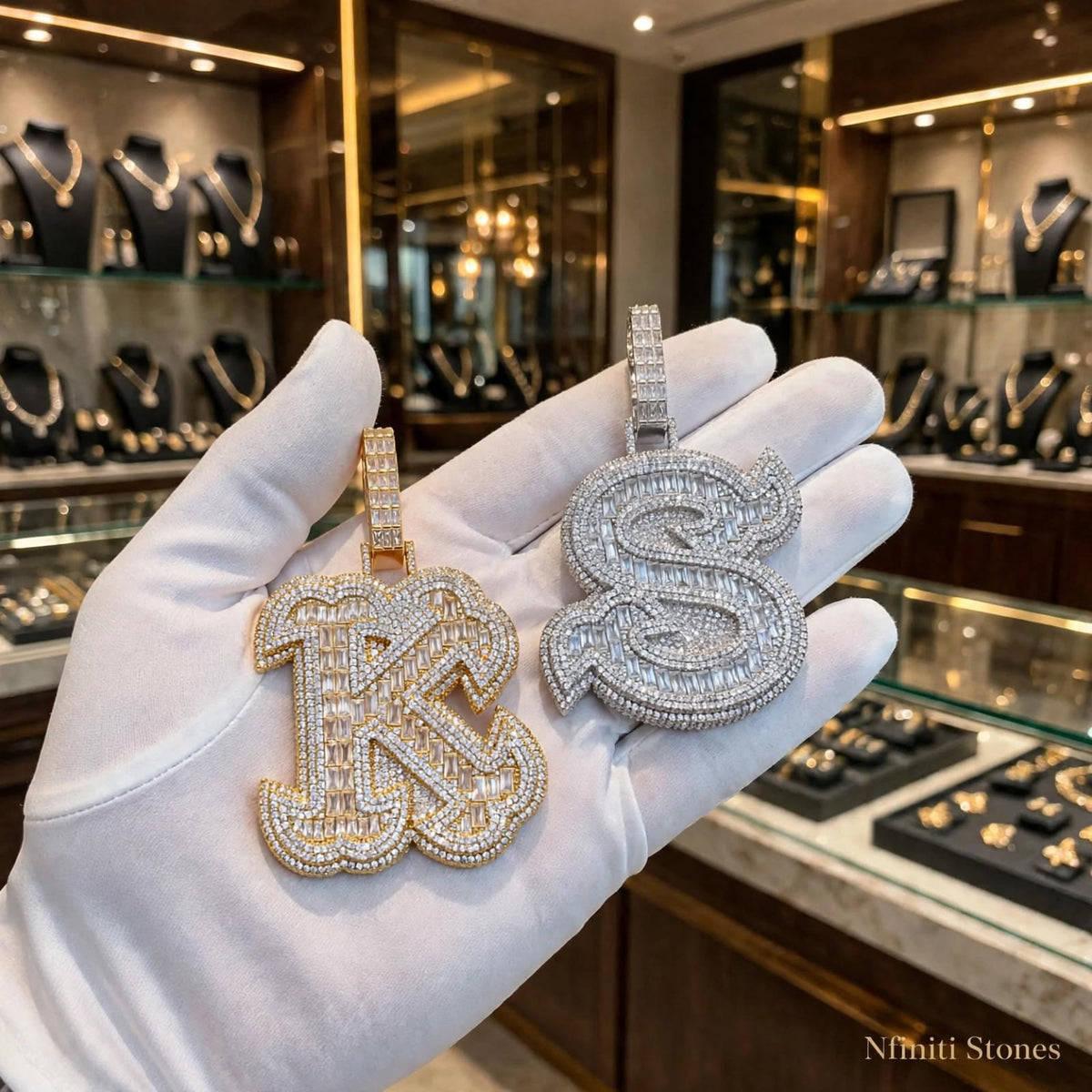 The Iron Letter gold K and silver S pendants