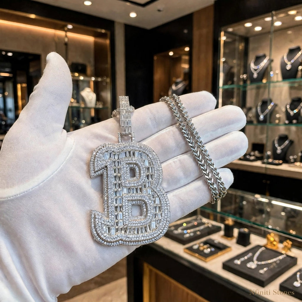 The Iron Letter silver B pendant; chain shown is not included