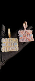 Gold and rose-gold stacked custom pendants on black glove