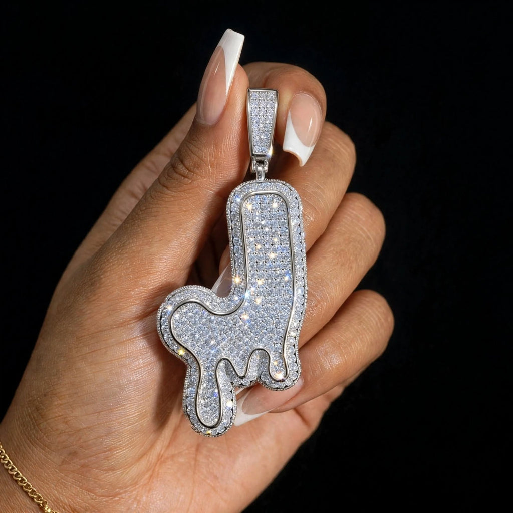 The Drip single silver iced-out J letter pendant example