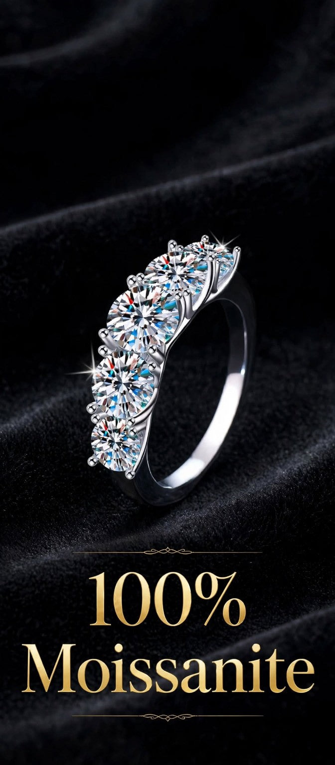 Nfiniti five-stone moissanite band on black velvet